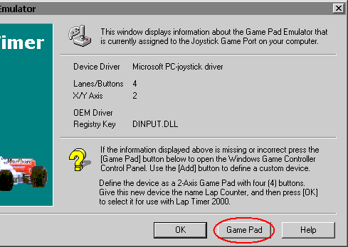 Lap Timer 2000 Game Pad Emulator Dialog Box